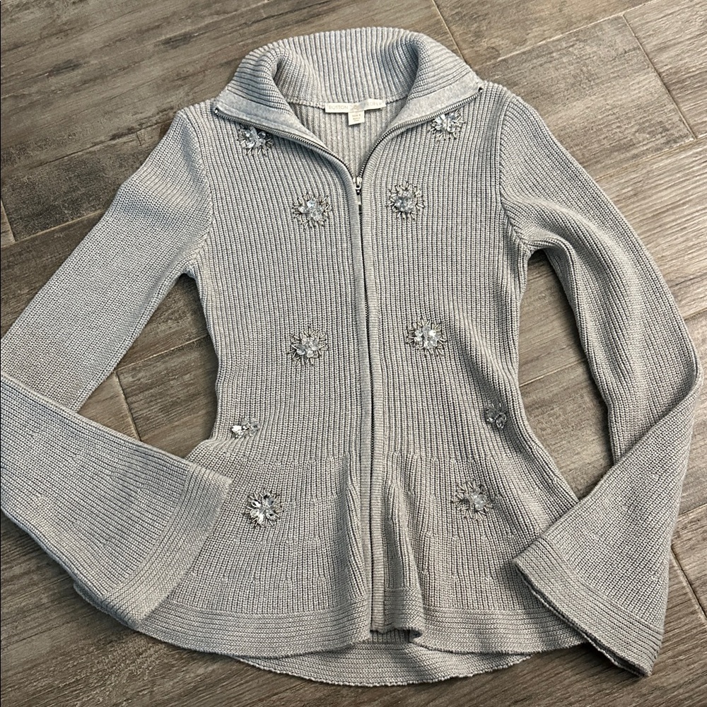 Boston Proper Embellished Sweater Full Zip 100% Cotton sz S